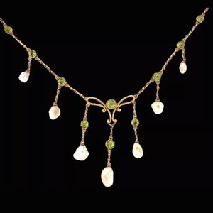 Antique Art Nouveau 14K Gold River Pearl Peridot Necklace Estate 7.3 gm